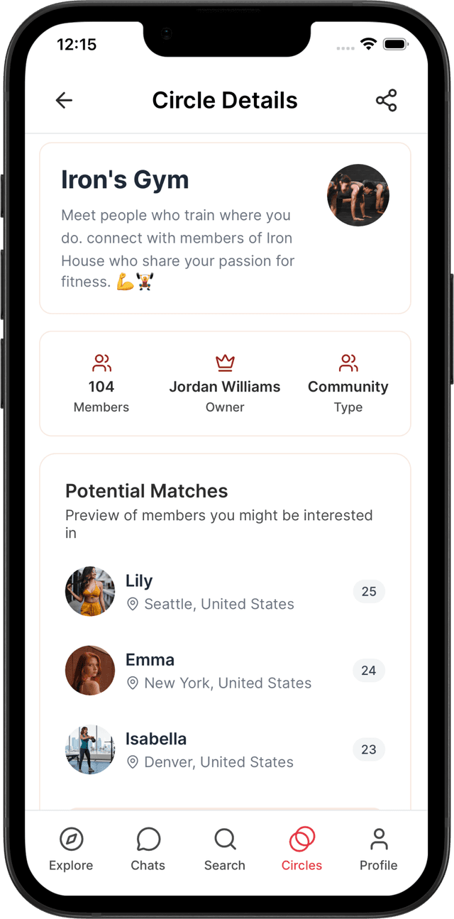 Circle discovery feature showing shared communities