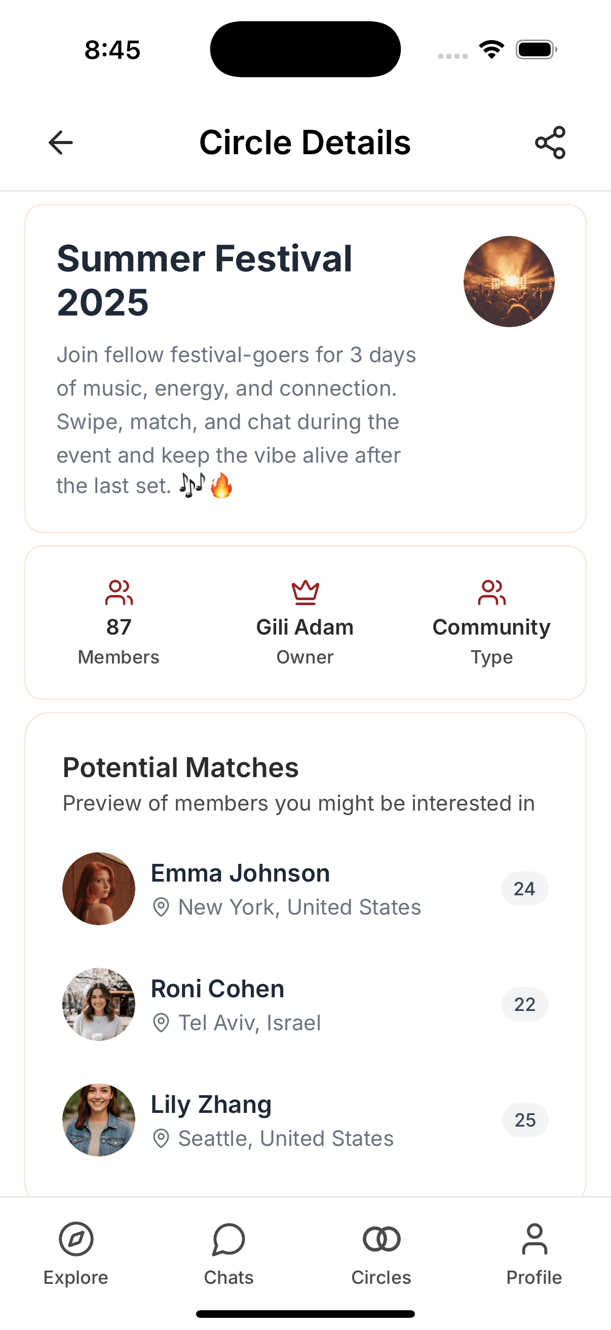 Circlez app showing Summer Festival 2025 circle details with member count and potential matches