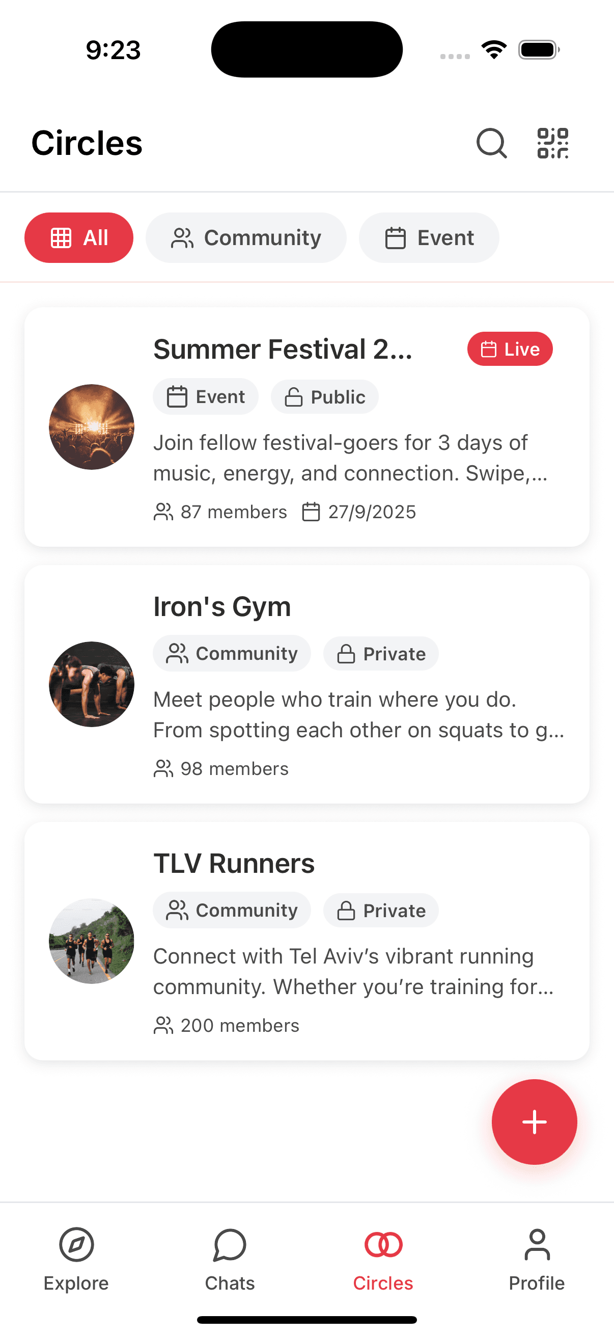 Circlez app showing user profile with shared circles and detailed information