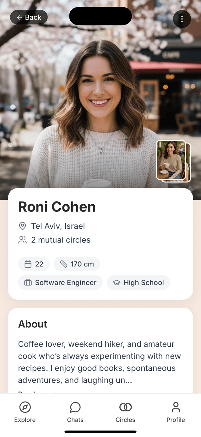 Circlez app showing detailed user profile with mutual circles, interests, and personal information