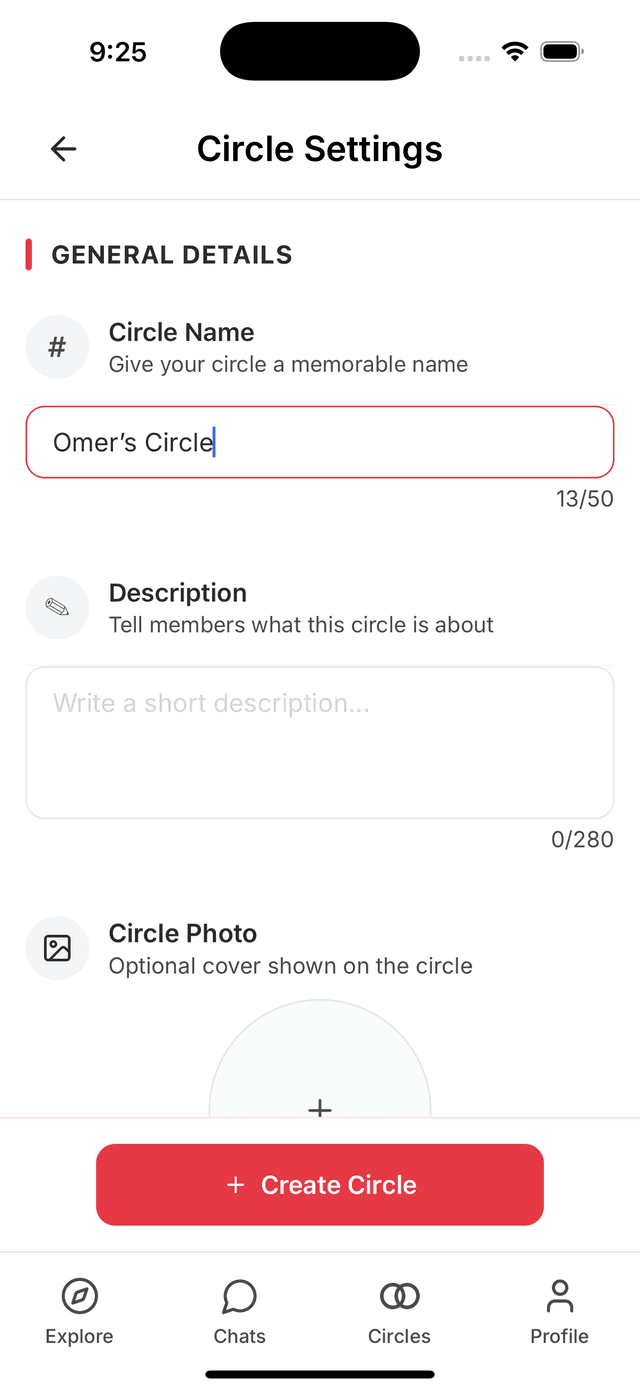 Circlez app showing circle creation form with name, description, and photo upload options