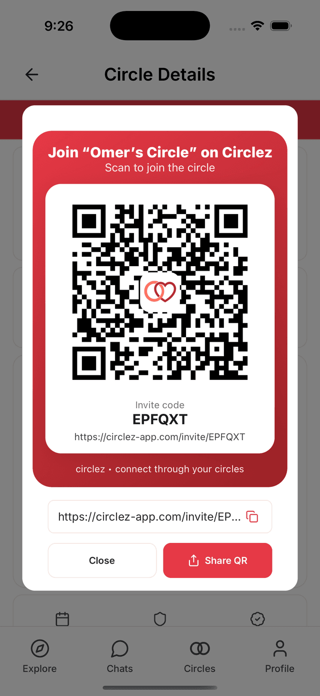 Circlez app showing QR code sharing interface for easy circle invitations