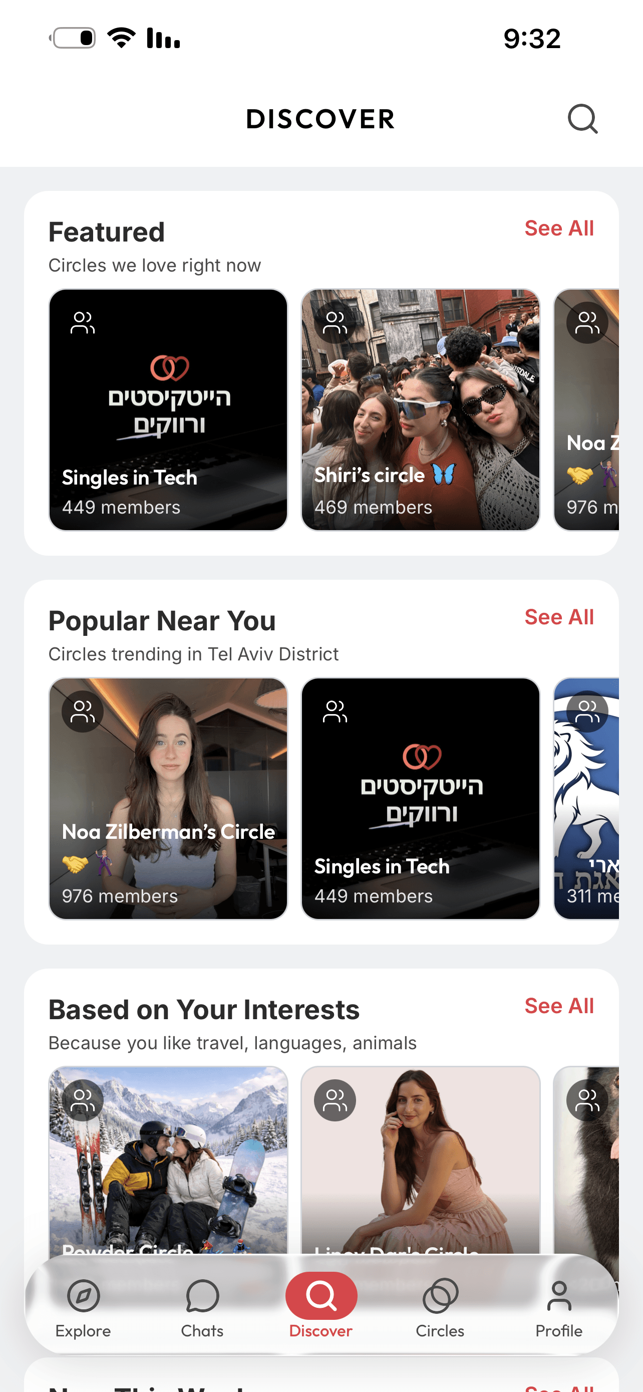 Discover featured circles, popular nearby communities, and circles based on your interests