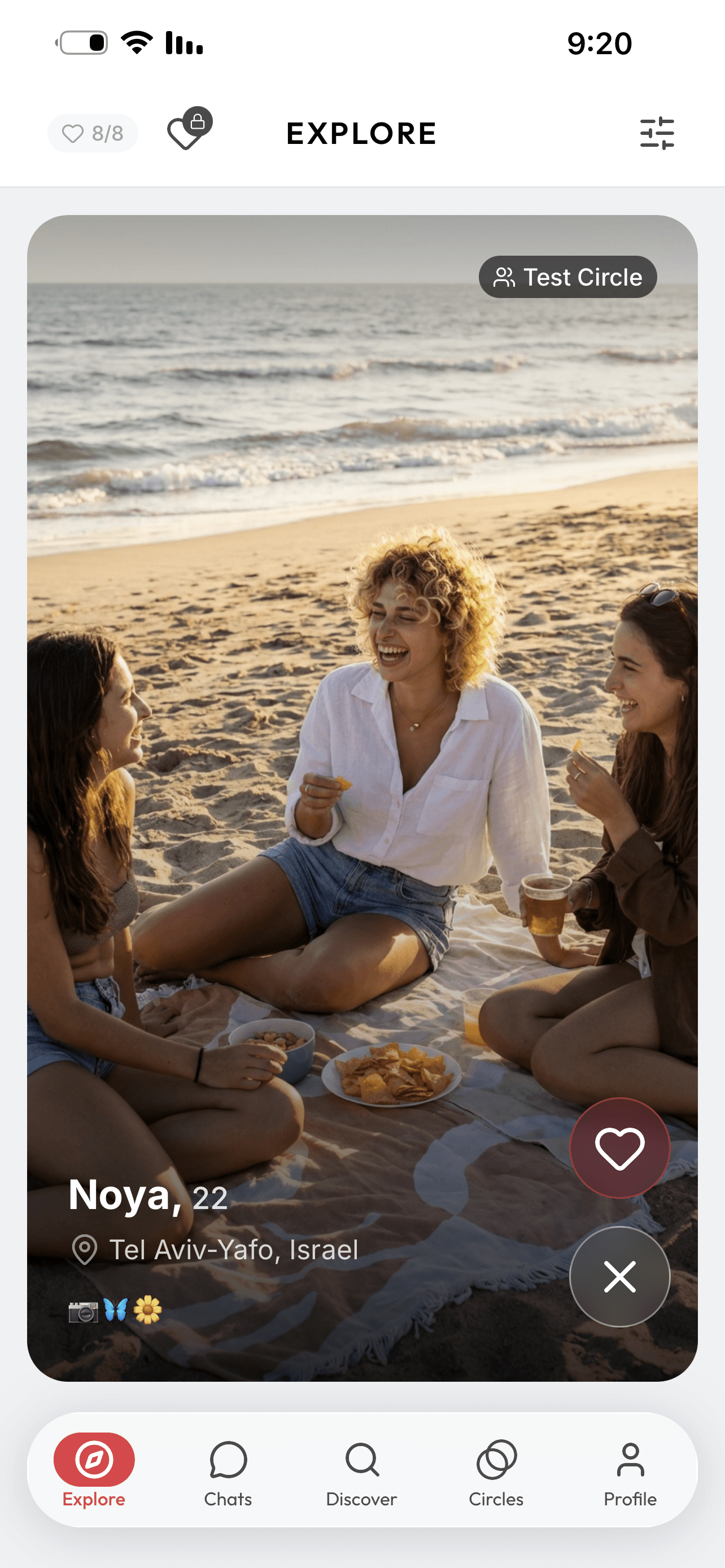 Explore a dating profile with a shared circle and like or pass actions
