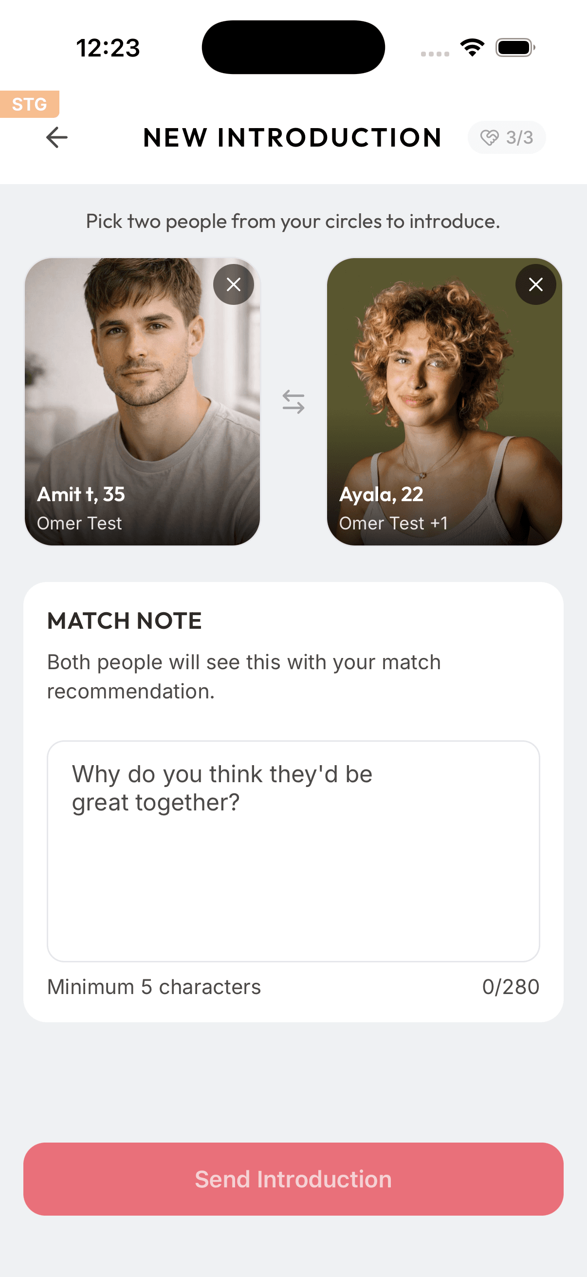New Introduction screen with two selected people and a personal match note